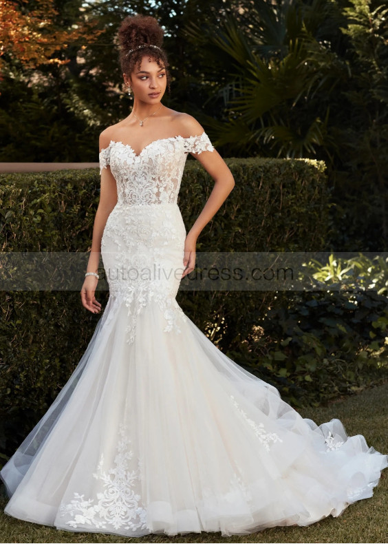 Off Shoulder Ivory Lace Tulle Romantic Wedding Dress